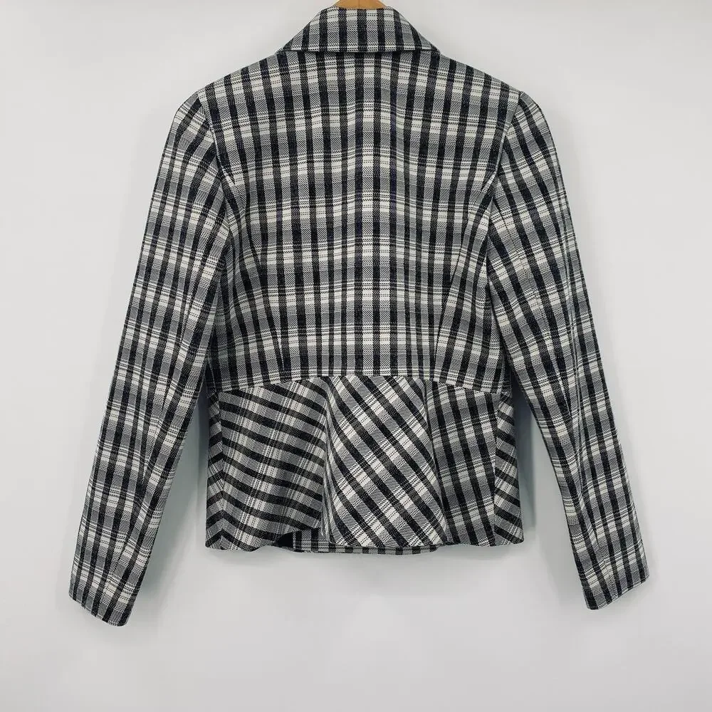 Lewit Chandler Plaid Peplum Jacket Blazer Wool Blend Black Beige Womens Medium